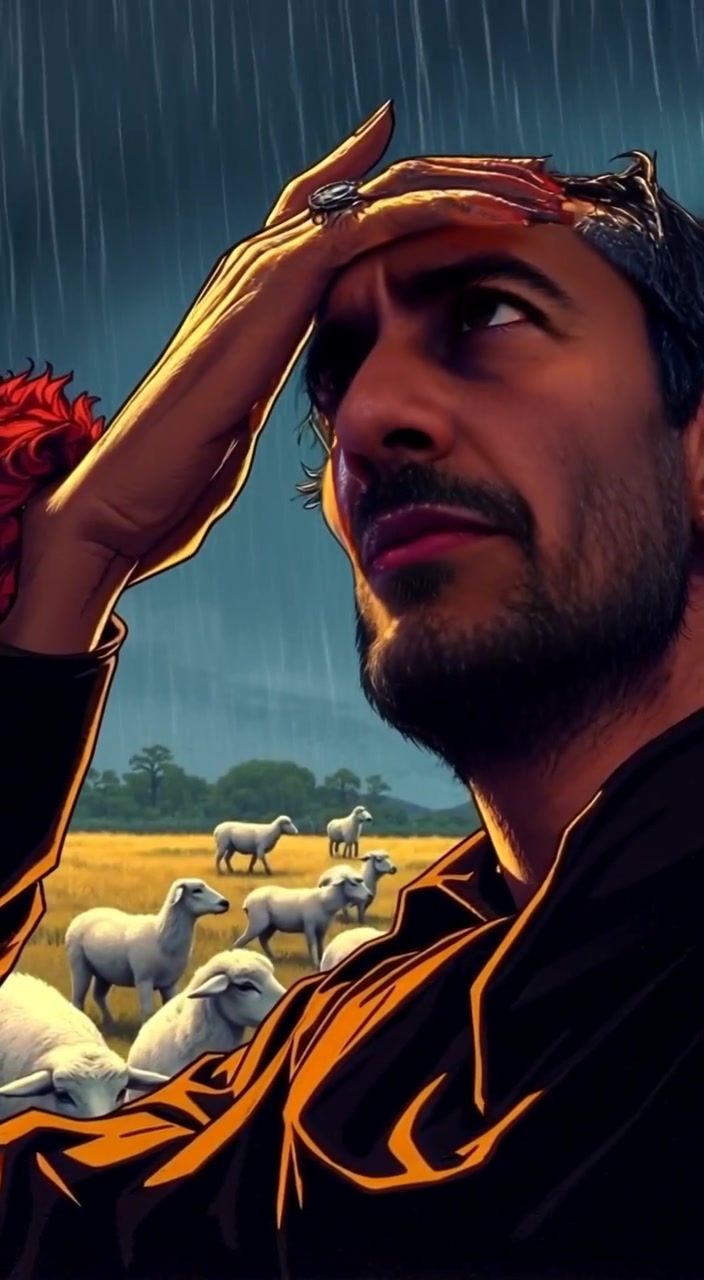 The man looks up at the vast sky, shielding his eyes, as sheep gently graze in the background.