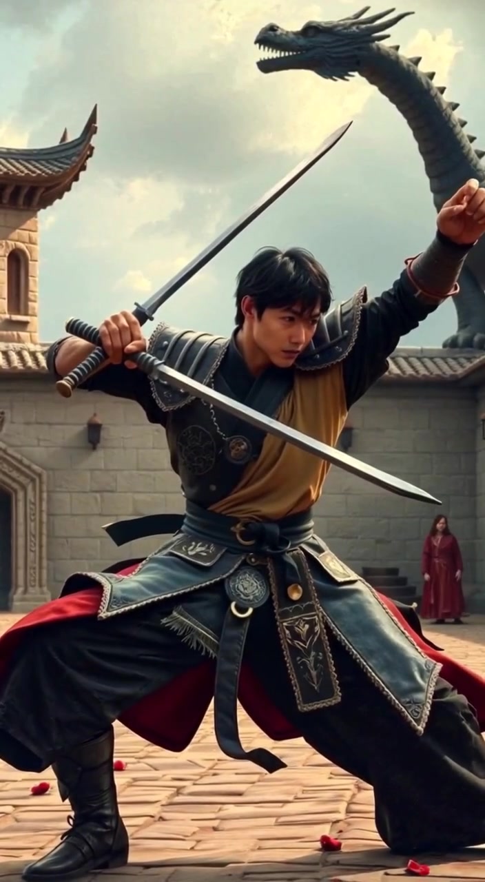 The man fluidly performs martial arts moves in an open courtyard, showcasing precise footwork and controlled breathing.
