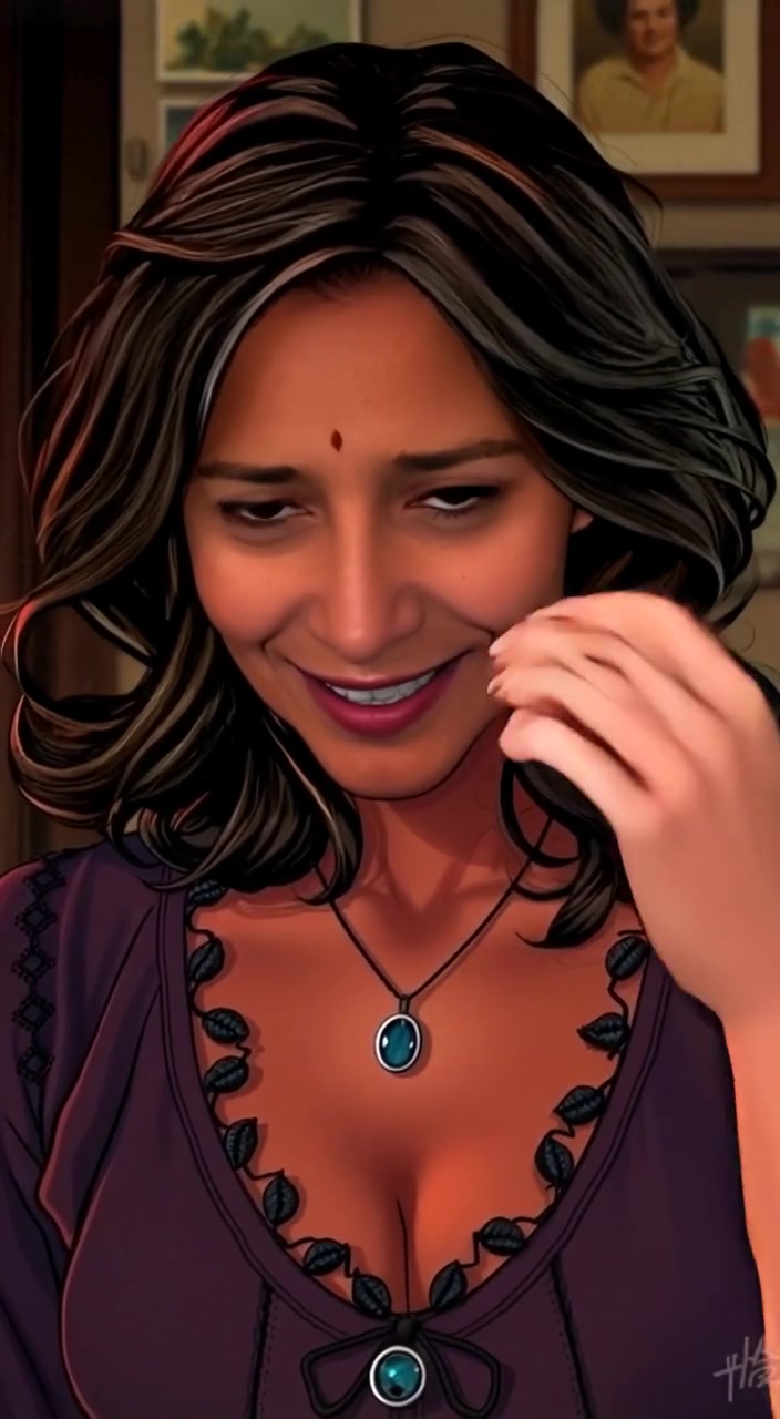 The woman gently tucks a loose strand of hair behind her ear, smiling warmly in the cozy living room.