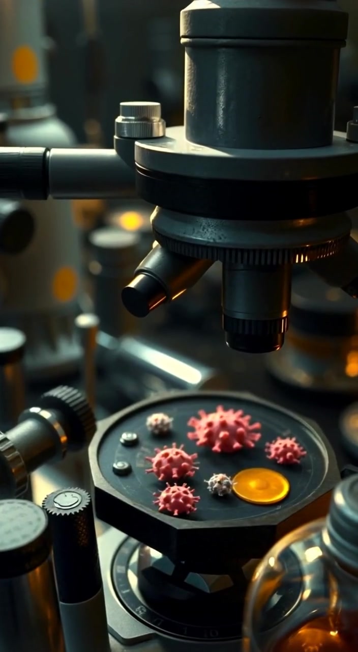 A microscope's lens gently focuses on veterinary slides, revealing intricate viruses as lab equipment softly glimmers in the background.