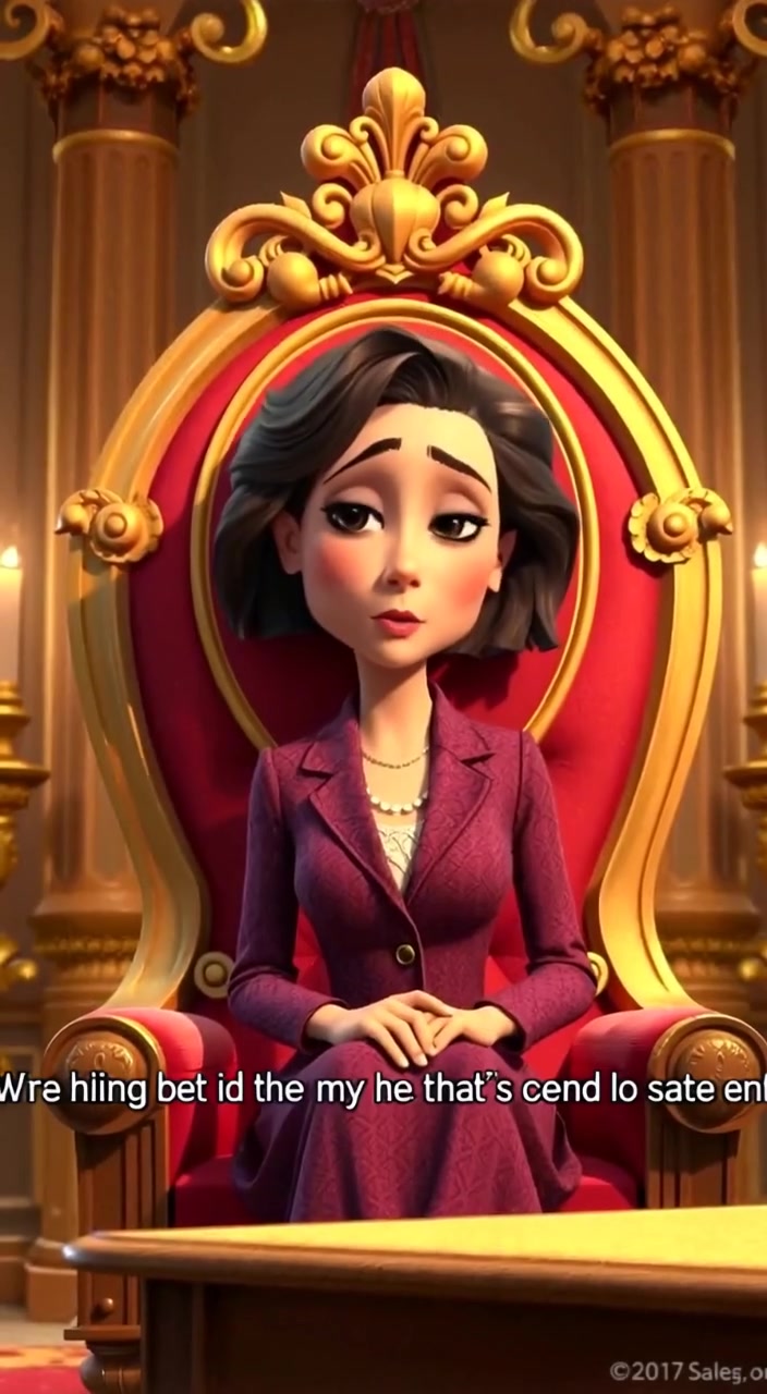 The woman gazes thoughtfully into a mirror, her reflection revealing concerns in a grand, ornate room.
