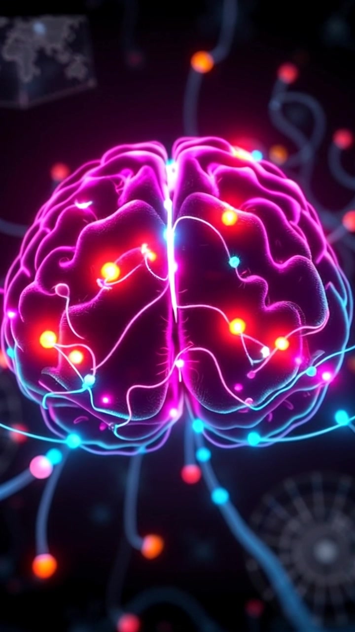 A close-up of a brain scan, with neural connections highlighted and animated, symbolizing communication.