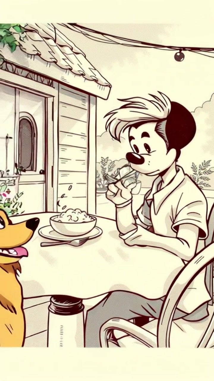A man sitting at a table outdoors, enjoying fried rice, with a golden retriever dog next to him, looking excited. The camera gently pulls back to reveal a lush garden setting as the man takes another bite. Soft ambient lighting enhances the relaxed and joyful atmosphere.
