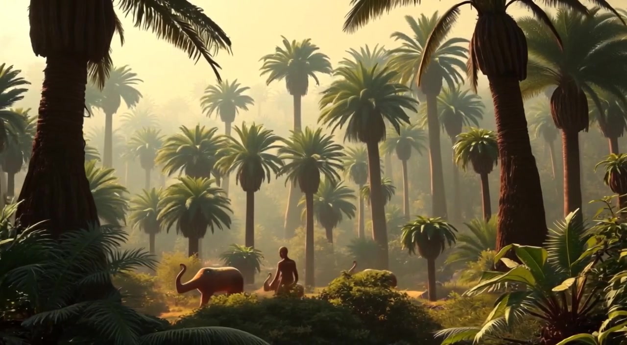 The hunters quietly move through dense underbrush, scanning their surroundings for any movement among the towering trees.