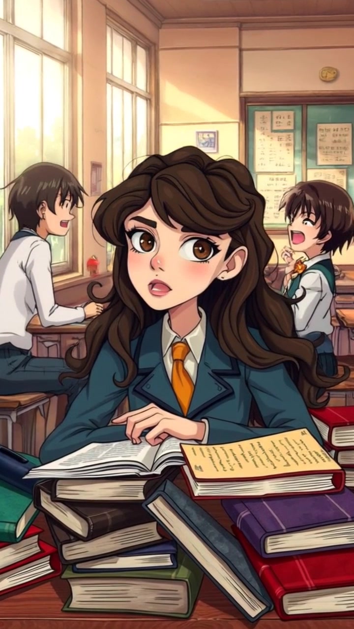 Subject: A student sitting at a cluttered desk filled with books, looking conflicted. Scene: Classroom setting with classmates joking and laughing in the background. Style: Warm, natural light streaming through large windows, creating an inviting atmosphere. Motion: Camera slowly dollies in on the student, capturing her expressions of internal struggle, while the laughter echoes softly in the background.