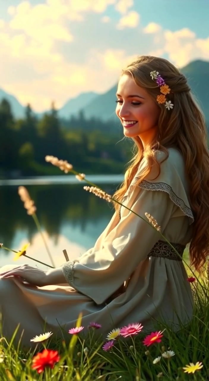 The woman gently runs her fingers through wildflowers as sunlight dances on the serene lake's surface.