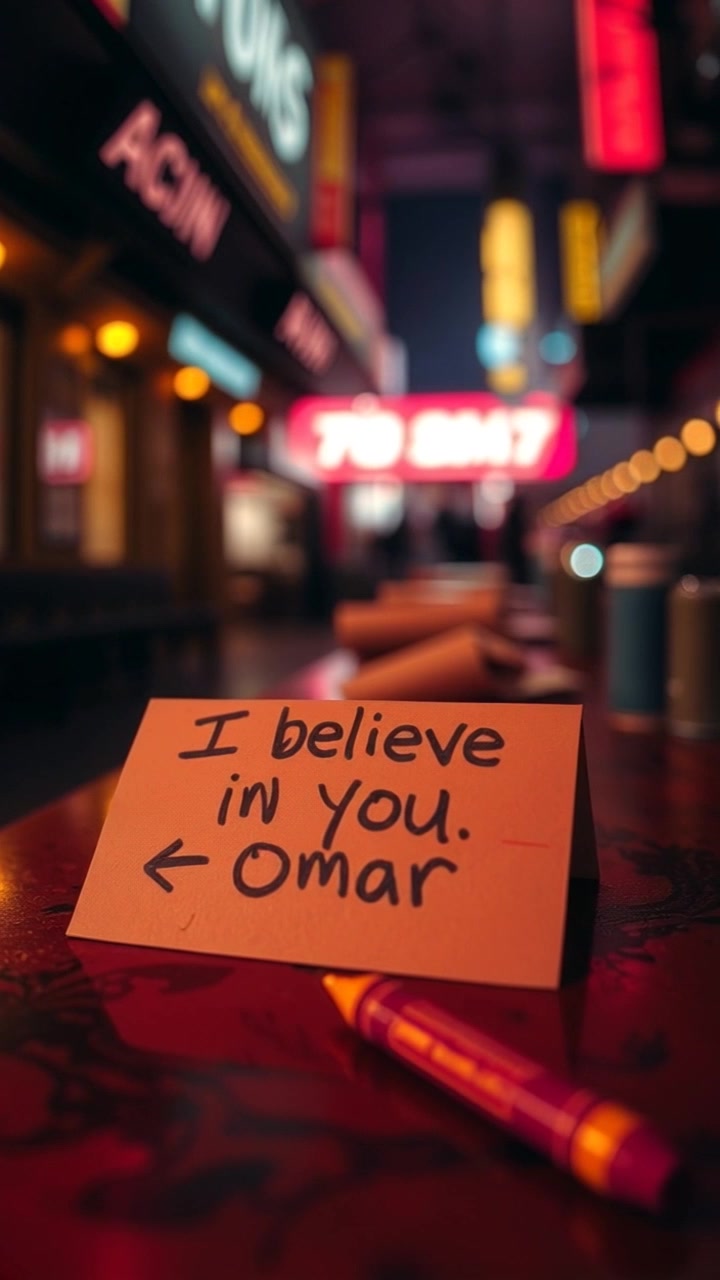 Scene: A blurred and old sticky note reading 'I believe in you. ❤️ Dad' resting on a rustic wooden table. Style: Soft, ambient lighting highlighting the worn edges of the note, creating an intimate and nostalgic atmosphere. Motion: The camera begins with a close-up shot of the note, then slowly pans out to reveal the surrounding table environment, lingering softly on personal mementos that evoke a sense of fond memory.