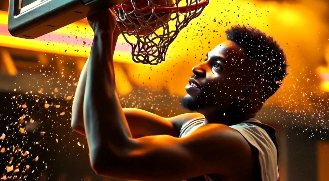 Dust swirls around a player as they gracefully complete a powerful slam dunk in an energetic atmosphere.