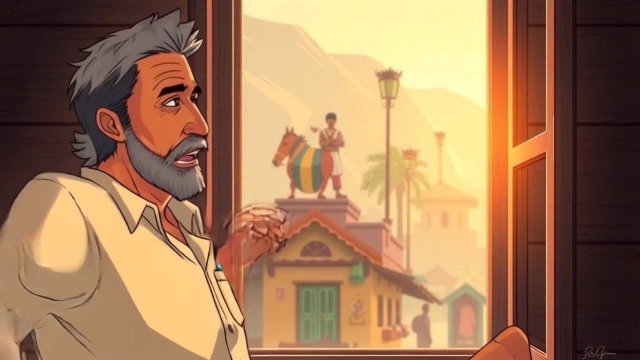 Raghav waking up at dawn, looking out of his window at the early morning light spilling into his room.