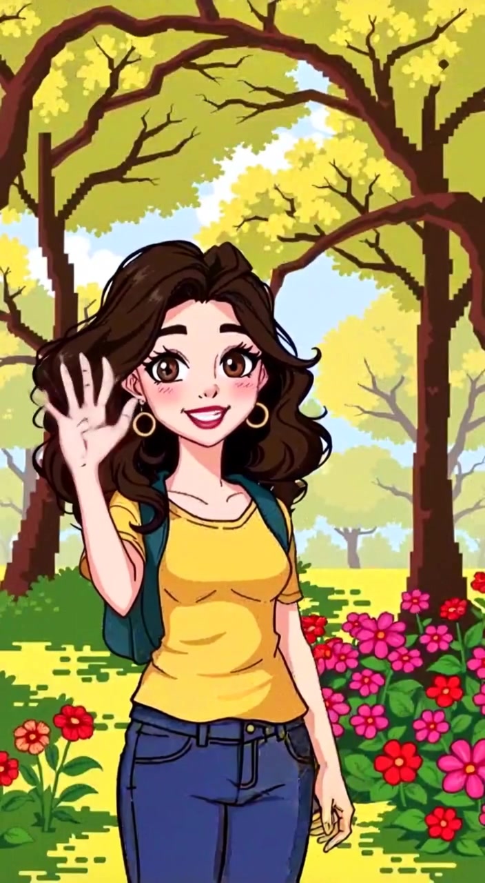 The woman gently waves while surrounded by blooming flowers and sunny trees in a vibrant park.