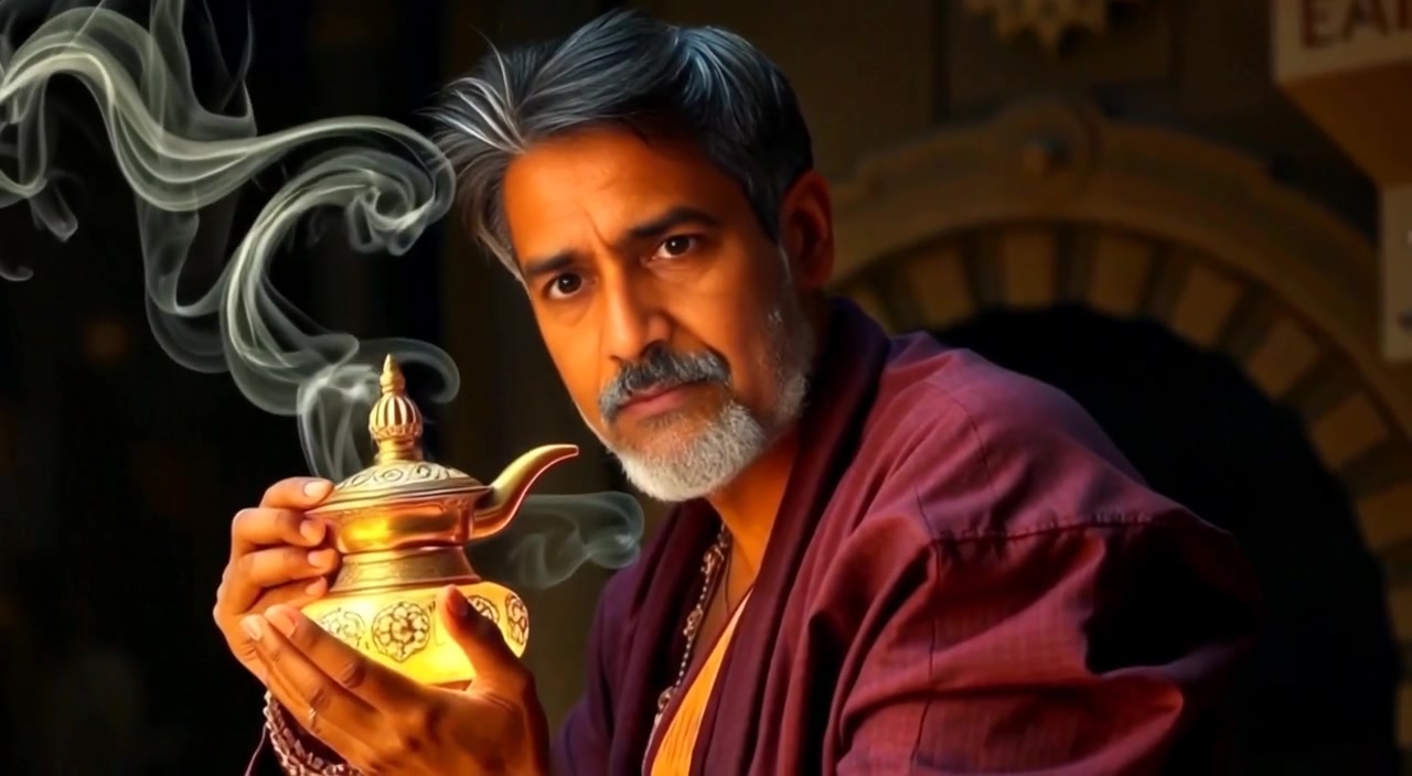 The boy gently rubs the magical lamp, while swirls of mist rise and dance around him.