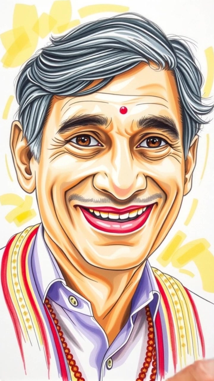 Subject (Traditional Gujarati attire, smiling with expressive gestures) + Subject movement (Deliberately smiling and gesturing) + Scene (Close-up shot) + (Push in + Soft lighting + Joyful atmosphere)