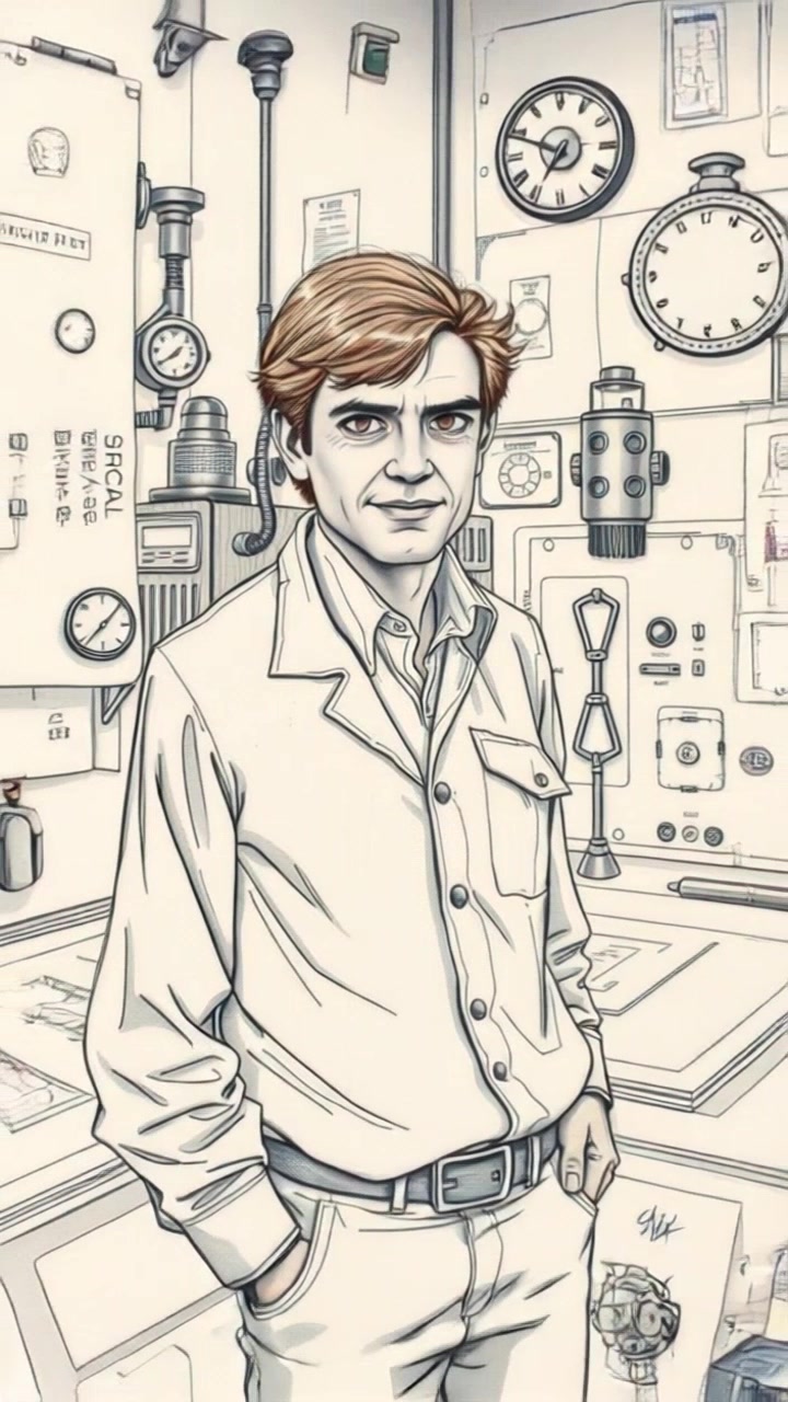 Subject (Ethan standing in his cluttered workshop with blueprints and gadgets) + Subject movement (still) + Scene (Workshop cluttered with blueprints and gadgets) + Camera Language (Slow zoom out) + Lighting (Soft overhead light) + Atmosphere (Focused and introspective)