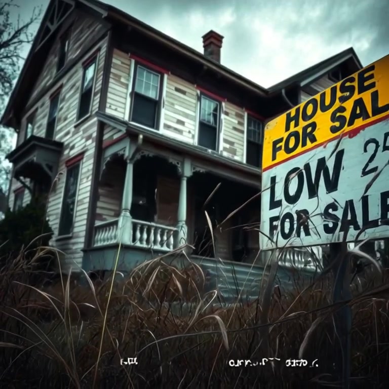 Weeds gently sway in the breeze in front of a house for sale sign, highlighting its remarkably low price.