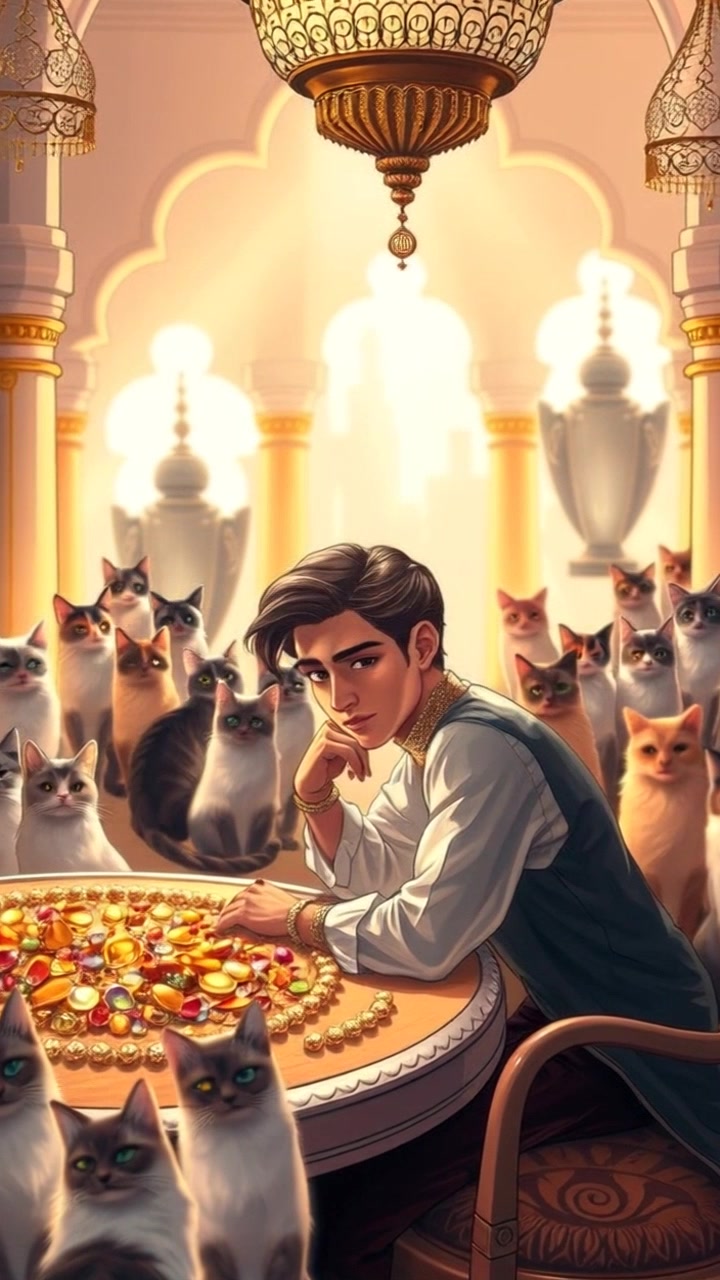 Subject: Cassim seated at a grand table adorned with sparkling jewels. Subject movement: He gestures animatedly, examining the treasures with awe and excitement. Scene: A lavish room overflowing with gold and treasures, richly decorated, showcasing opulence in every corner. Style: Warm, ambient lighting highlights the shimmer of the jewels and gold. Motion: The camera pushes in slowly towards Cassim, capturing his expressions and the intricate details of the treasures spread out before him.