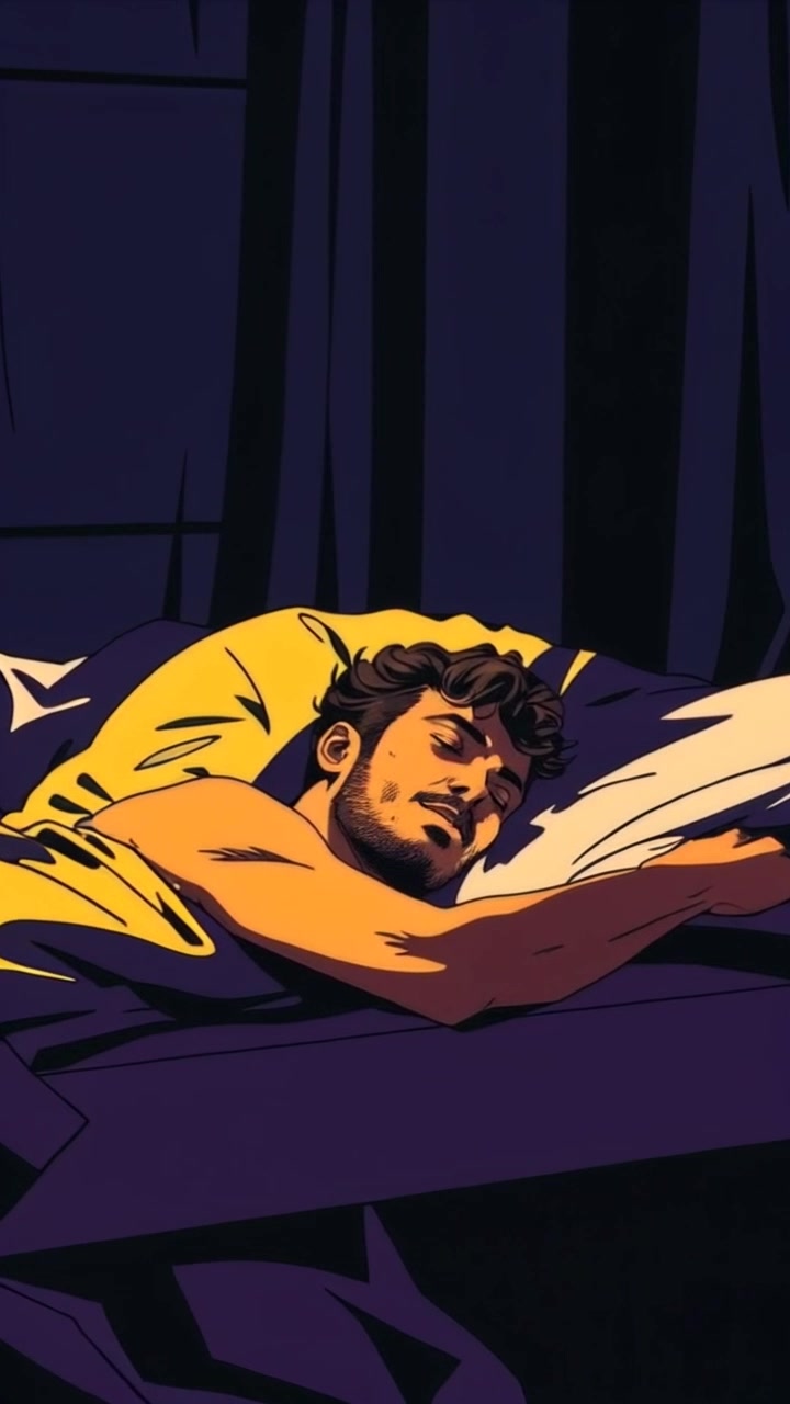A young man sleeps peacefully in bed in a dimly lit room at dawn, as soft light filters through the curtains. Slowly pan in on the man's serene face, capturing the tranquility of the morning scene.