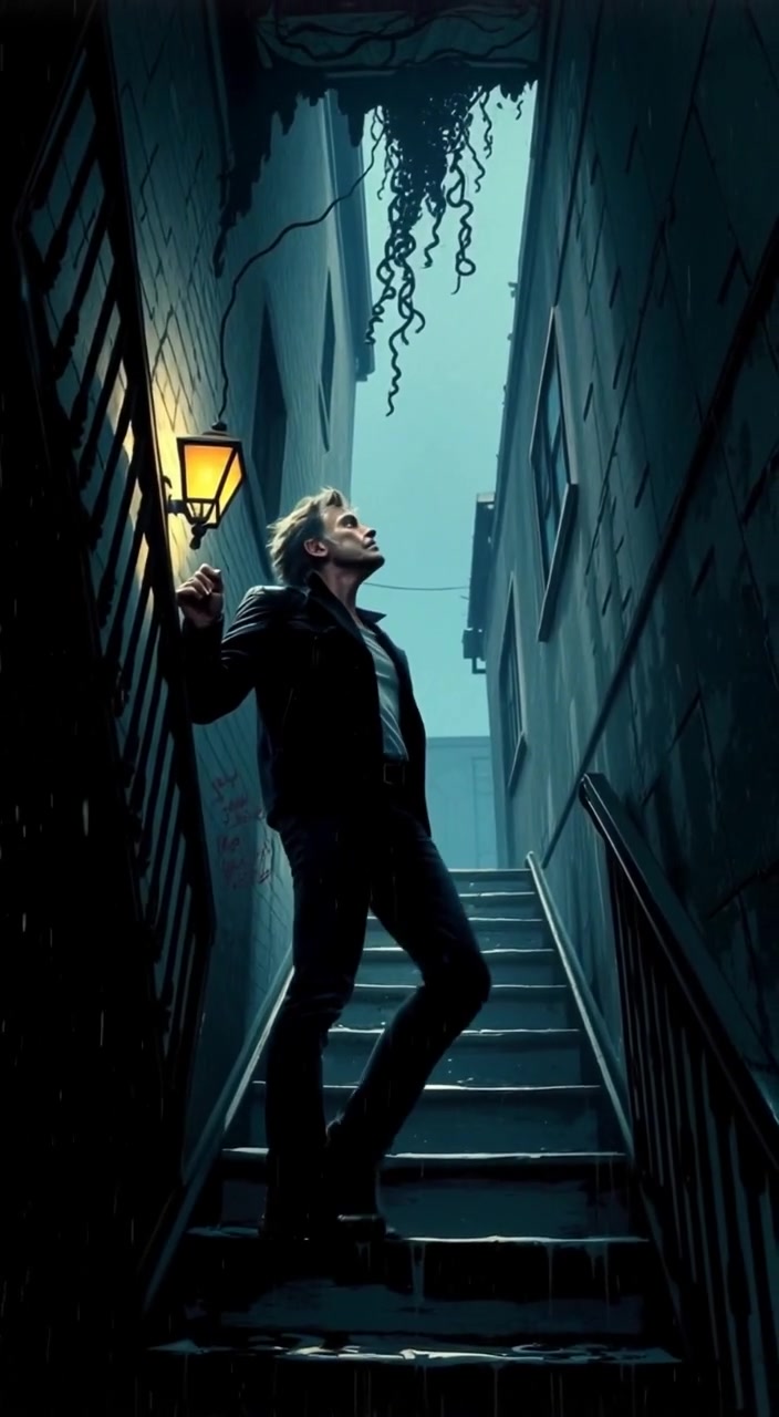 The man ascends the creaky old staircase, gazing up at the intricately decorated ceiling above.