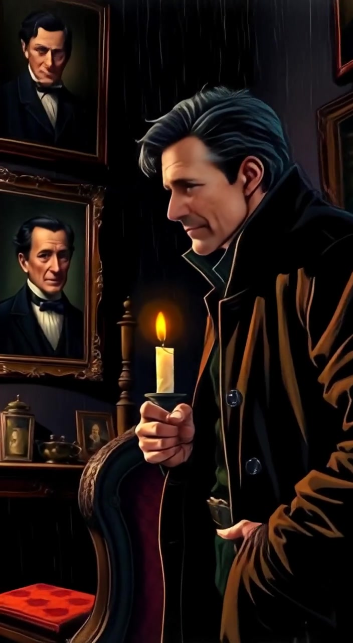 The man gently moves the candle, casting flickering shadows on the ancient portraits while pondering their forgotten stories.