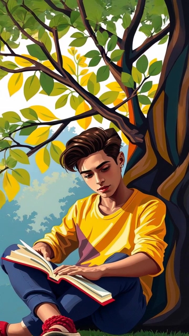 Subject: A person seated under a large tree, deeply engrossed in reading a book. Subject movement: The person shifts slightly as they turn a page, creating a sense of tranquility. Scene: A serene natural setting, with lush greenery and gentle sunlight filtering through the tree leaves, enhancing the peaceful atmosphere. Motion: Camera begins with a slow zoom in, capturing the focus on the reader's face and the book, before gently pulling back to reveal the surrounding nature. Lighting: Soft, dappled sunlight illuminating the scene. Atmosphere: Inviting and calming, perfect for a moment of relaxation in nature.