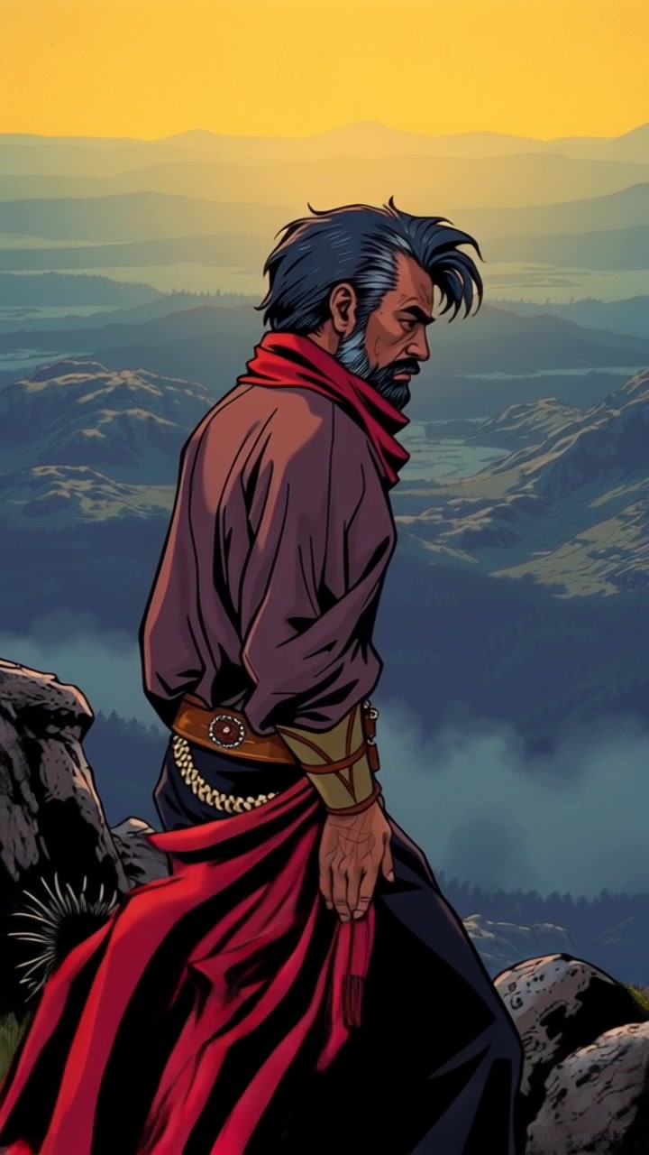 Subject: A figure of Agidah standing tall on a hilltop, overlooking the lands of his people. Subject movement: The figure gazes powerfully into the distance, with the wind gently tousling his garments. Scene: A sweeping view from a hilltop, showcasing lush valleys and distant mountains under an expansive sky. Style: Golden-hour lighting enhances the natural colors of the landscape, creating a warm and inviting atmosphere. Motion: The camera slowly pushes in closer to the figure before panning dramatically to reveal the breathtaking landscape he surveys.
