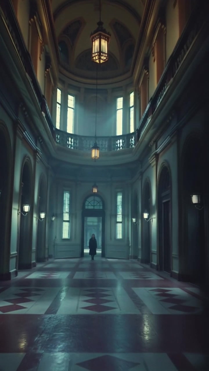 Scene: A wide shot of a cavernous, empty mansion interior filled with creeping shadows. Style: Dimly lit atmosphere, accentuating the grandeur of the space contrasted with the eerie silence. Motion: The camera glides smoothly through the mansion, capturing the intricate architectural details and the movement of shadows along the walls, creating a haunting yet captivating ambiance.