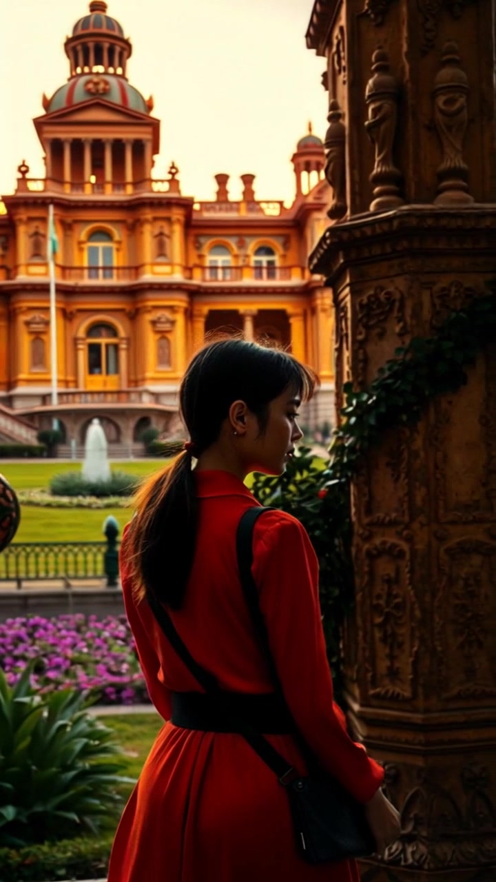 Silhouette of a servant walking slowly in front of a grand palace at dawn, showcasing ornate architecture and lush gardens. The camera pushes in towards the servant, emphasizing the intricate details of their silhouette. Cinematic lighting highlights the contrast between light and dark, creating an ethereal and mysterious atmosphere.