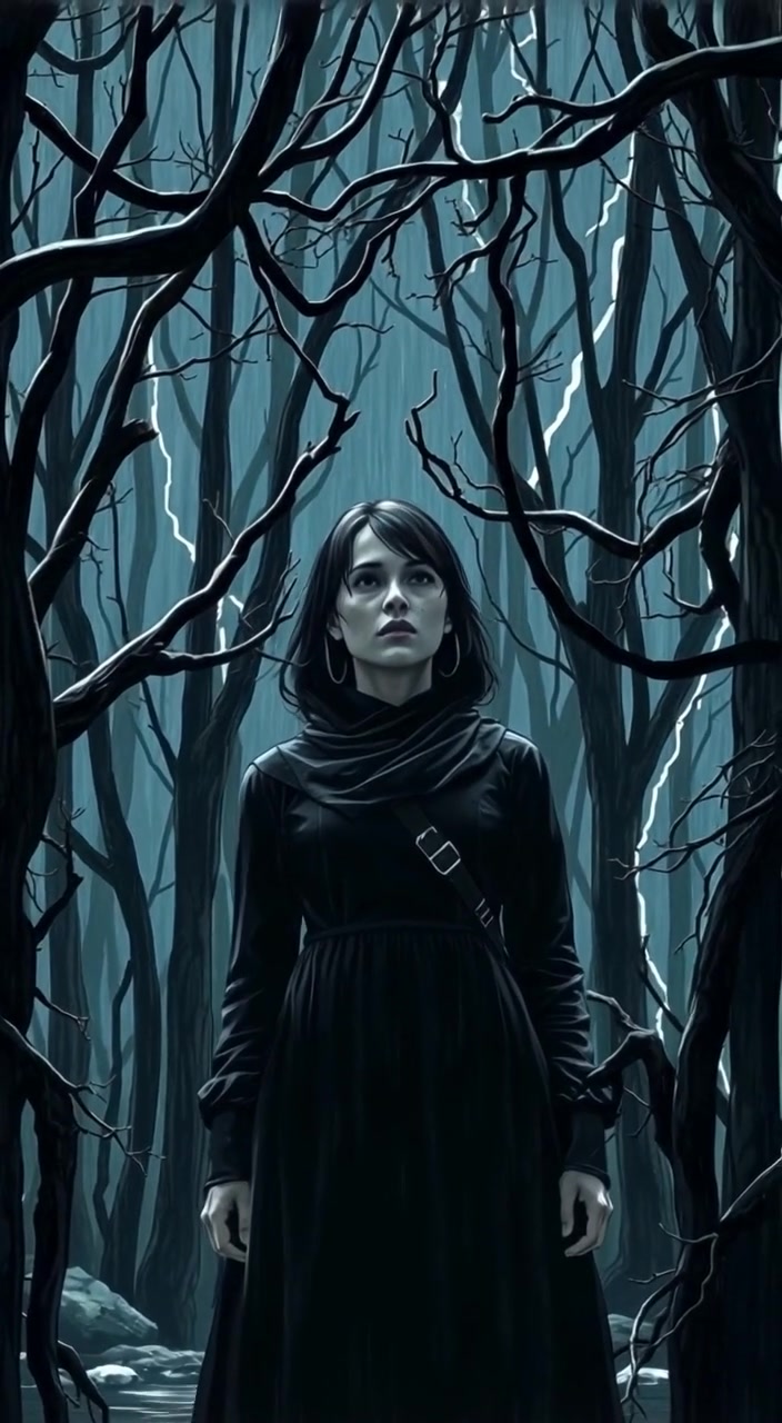 A wide shot of the forest, showing branches overhead like an entrapment around Lily.
