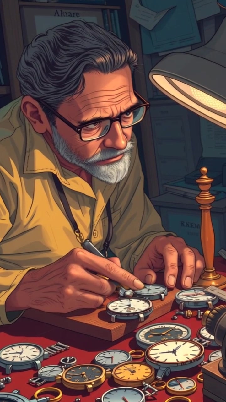 Scene: A watchmaker meticulously working at his cluttered desk, surrounded by intricate watch parts and tools, with a faint light illuminating the delicate mechanisms. Style: Warm, focused lighting that highlights the craftsmanship of each component. Motion: The camera slowly pushes in on the watchmaker's hands as they delicately assemble the tiny parts, revealing the intricate details of the watch's inner workings.