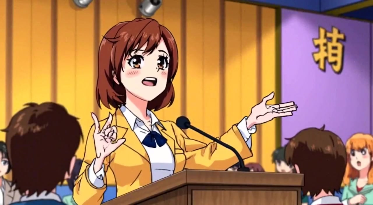 The woman gestures naturally as she passionately captivates the audience at the podium.