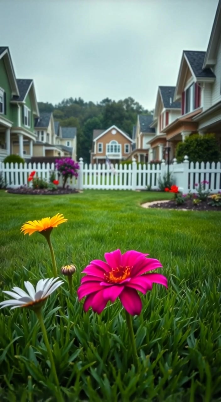 A gentle breeze sways the vibrant flowers next to the white picket fence.