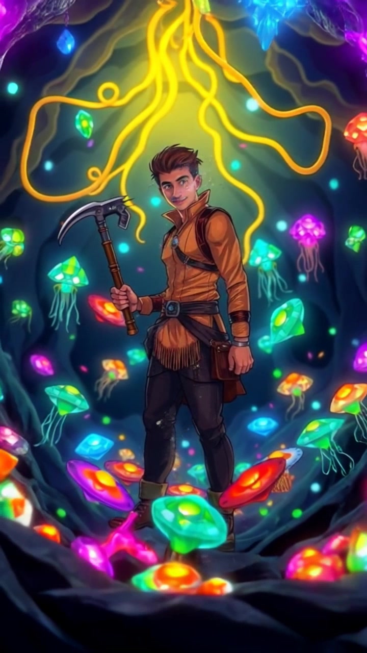 Subject: A confident figure holding a diamond pickaxe, standing amidst an array of sparkling gemstones in a bright cave. Subject movement: The figure swings the pickaxe with determination, creating an effect of shimmering gems scattering around. Scene: Vibrant cave illuminated by the gleaming reflections of various gemstones, showcasing the dazzling colors. Lighting: Bright, shining light accentuates the gemstones' brilliance and creates a captivating atmosphere. Motion: The camera captures a dynamic close-up of the figure as the pickaxe swings, transitioning to a wide shot that reveals the beauty of the gemstone-filled cave.