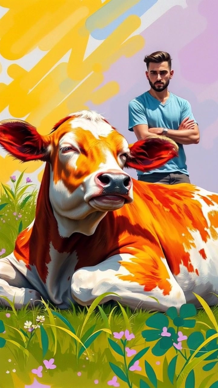Subject: A concerned individual standing beside a weakened cow lying on the grass. Subject movement: The individual gently reaches out to the cow, displaying a sense of compassion and care. Scene: A rural field with soft green grass and a blue sky, the atmosphere is quiet and somber. Lighting: Soft, natural light filtered through clouds, creating a gentle and calm ambiance. Motion: The camera slowly pushes in, capturing the worried expression on the individual’s face as they kneel beside the cow, emphasizing the bond and the gravity of the moment.