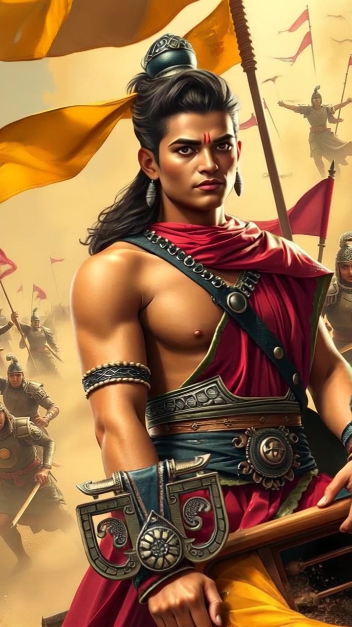 Subject: Arjun standing resolutely in a chariot on a vast battlefield. Subject movement: The chariot moves steadily forward, its wheels kicking up clouds of dust as it traverses the battlefield. Scene: A sprawling battlefield in Kurukshetra, surrounded by chaos and determination. Style: Dramatic, dynamic lighting highlighting the tension of the moment, with shadows cast by the rising dust. Motion: Camera follows the chariot from a low angle, passing through the dust clouds, giving a sense of urgency and purpose.