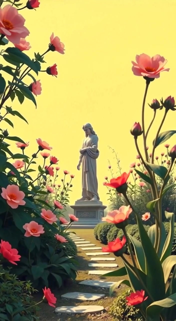 A gentle breeze sways the blooming flowers around the quiet statue standing peacefully in the garden.
