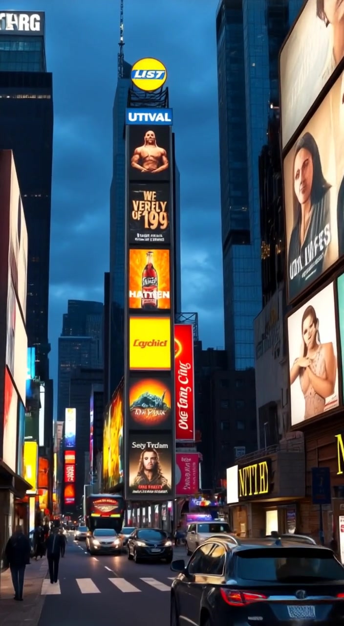 A gentle breeze rustles through the city street, causing the neon billboards to flicker softly in the night.