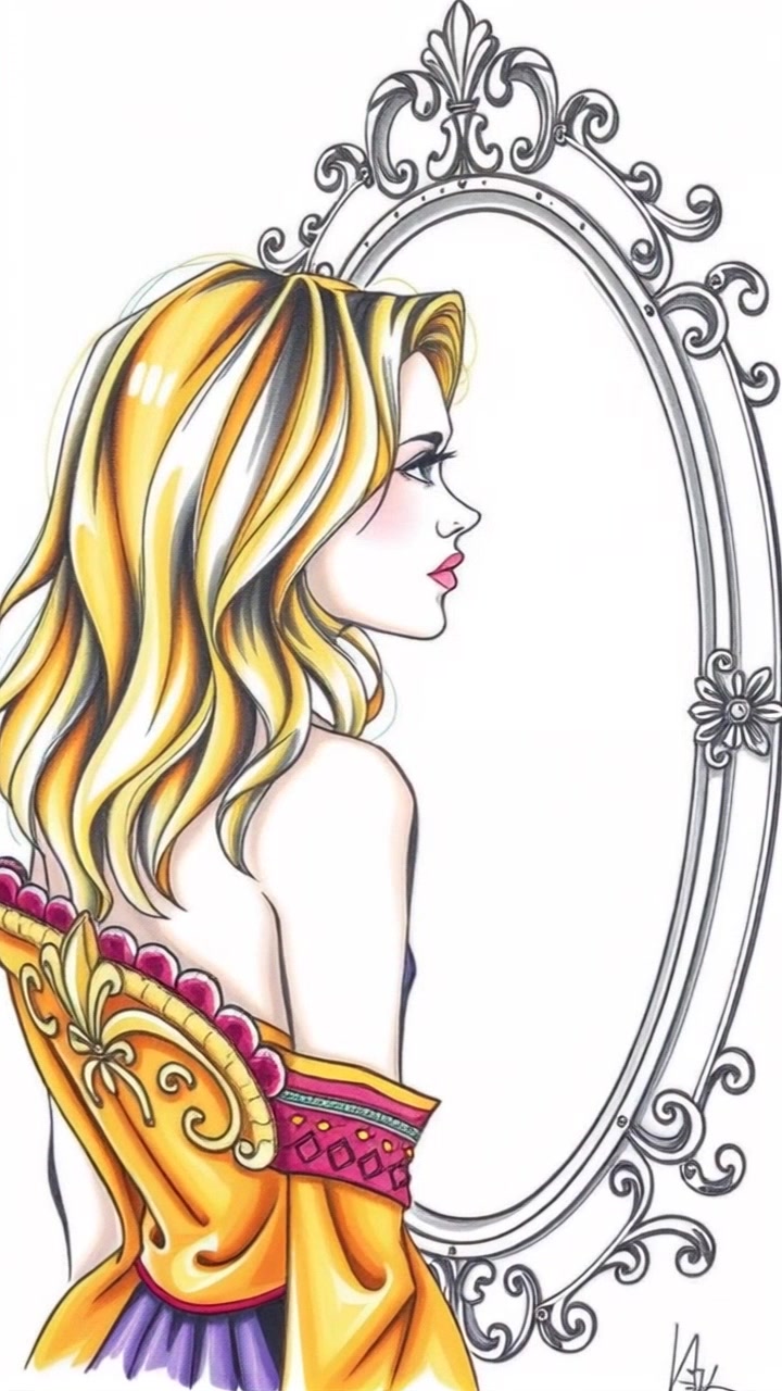 Subject: Eliza gazing thoughtfully into an ornate, looming mirror. Subject movement: She gently shifts to a three-quarter view, allowing a deeper reflection to emerge. Scene: An elegantly decorated room, illuminated by soft, ambient lighting that accentuates the intricate details of the mirror frame. Motion: The camera slowly pushes in to frame Eliza's profile alongside her reflection, creating an intimate vignette that captures the moment.
