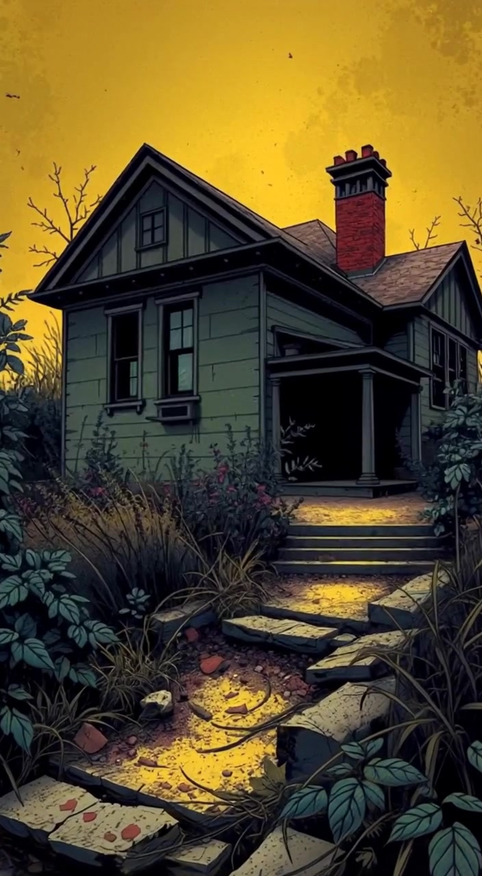 Overgrown weeds sway gently around the dilapidated house, dust particles dance in the warm, golden sunlight.