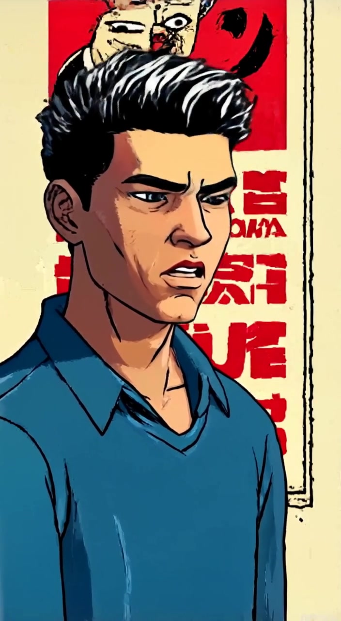 The boy studies the propaganda posters closely, a skeptical expression crossing his face as he furrows his brow.