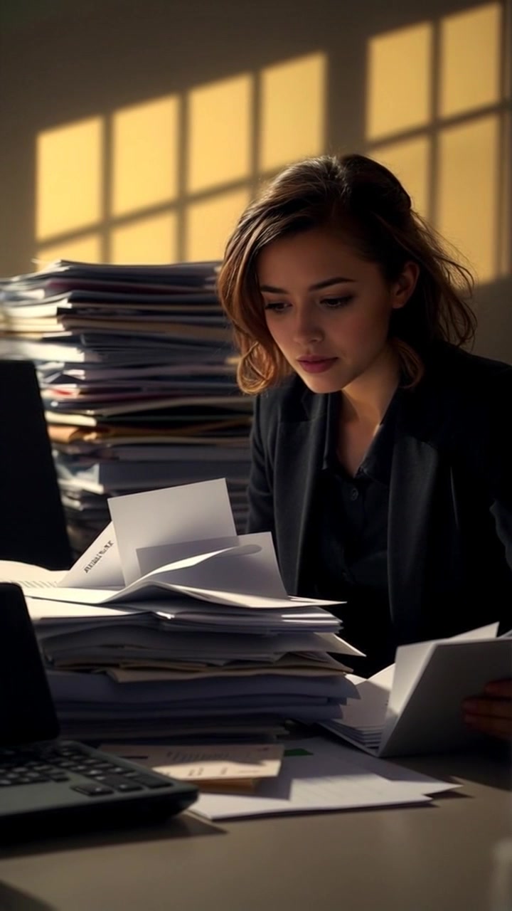 Subject (A stressed-looking person, you, with messy hair and tired eyes, wearing casual clothes, sits slumped over a cluttered desk. ) + Subject movement (remains still, head in hands) + Scene (A cluttered desk piled high with financial documents and receipts, empty coffee cups, and scattered pens. The room is dimly lit and cramped.) + (Camera Language (Close up shot focusing on the person's face, then slowly pushes out to reveal the chaotic desk), Lighting (dim, ambient lighting), Atmosphere (tense, stressful))