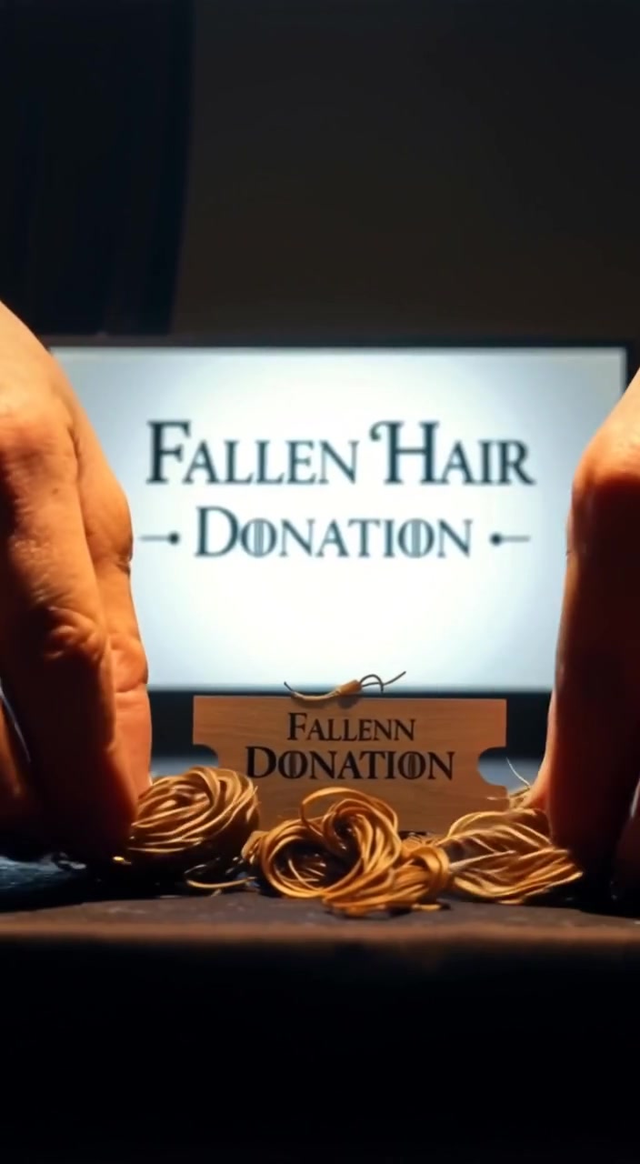 A close-up of hair clippings on a donation table with a sign saying 'Fallen Hair Donation'.