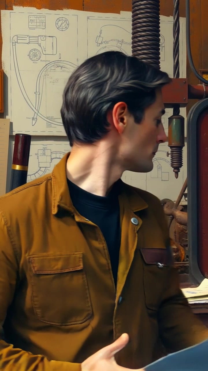 Scene: Hero of Alexandria in a bustling workshop filled with intricate ancient machinery and scattered blueprints. Style: Warm, ambient lighting casting soft shadows across the workshop, creating an inviting atmosphere. Motion: The camera slowly pushes in on the Hero as he examines a blueprint, then pans to reveal the complex machinery at work, enhancing the sense of discovery.