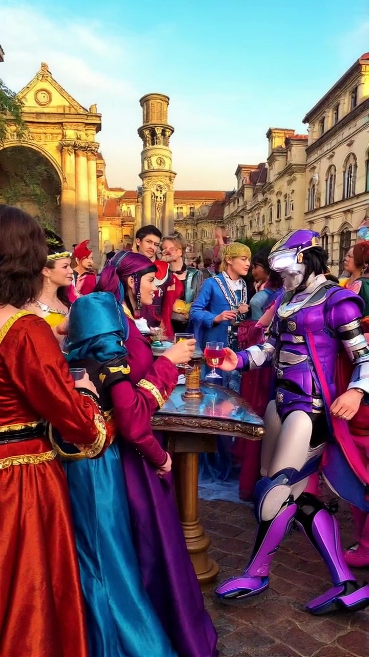 Scene: A vibrant medieval gathering where a water-powered robot elegantly serves drinks to guests dressed in colorful attire. Lighting: Warm, ambient light enhances the festive atmosphere of the scene. Motion: The camera employs a smooth, dolly-in shot to focus on the robot as it moves fluidly amongst the crowd, capturing the delight of the attendees and the intricate details of the robot's design.