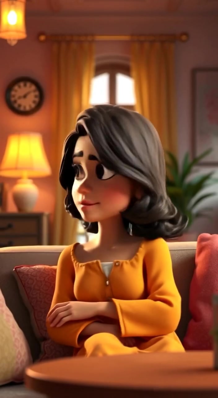 The woman gently turns her head, gazing around the cozy living room in curiosity.