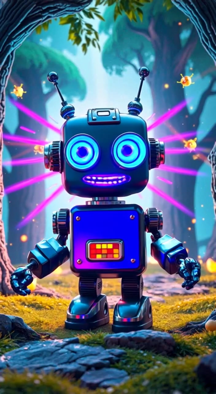 A burst of colorful lights in the forest, with blue, pink, green, and violet hues exploding around Léo.