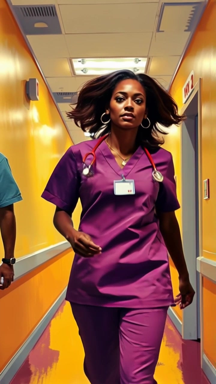Nurse Yatta rushes through the corridor of JFK Hospital, fluorescent lights buzzing overhead. Push in on her determined expression as she navigates through the bustling hallway, conveying urgency and focus.
