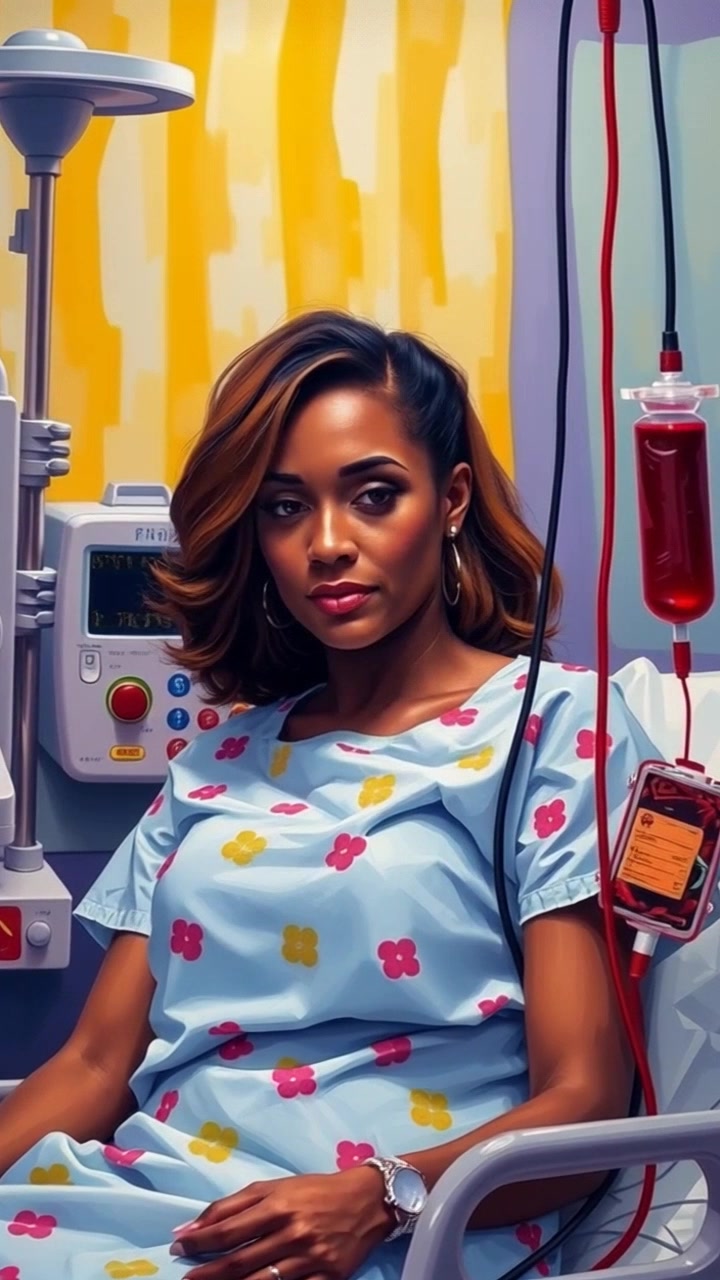 A woman in a hospital gown lies in a hospital room surrounded by medical equipment while receiving a blood transfusion. Slowly push in towards her face as the camera pans around the room, capturing the seriousness of the situation. Harsh hospital lighting adds a clinical and tense atmosphere to the scene.