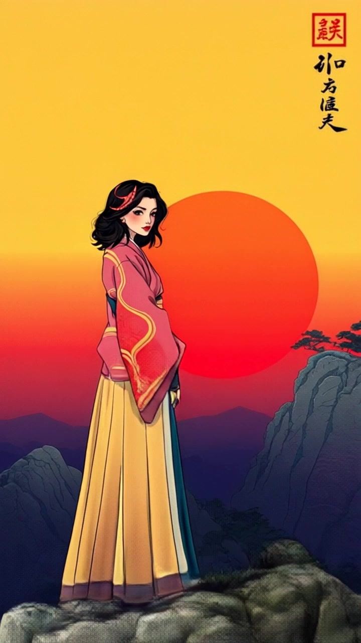 Subject (Woman: Silhouetted figure, Red sunset backlight, Standing on rocky outcrop) + Subject movement (Standing still) + Scene (Rocky outcrop at sunset with red skies) + Camera Language (Slow zoom out) + Lighting (Backlit by the red sunset) + Atmosphere (Serene)