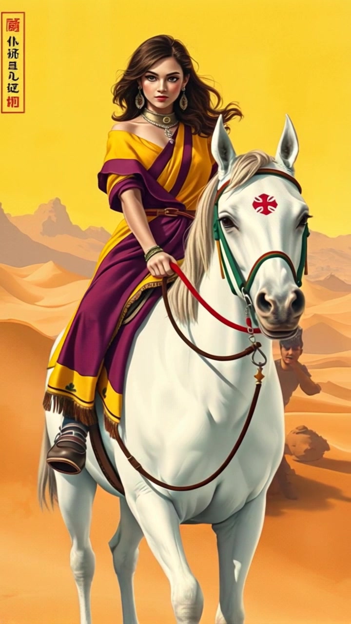 Wanita Berani rides Kuda Jantan across the desert, exuding confidence in every step. The vast expanse of sand dunes stretches out into the horizon under the scorching sun. A sweeping aerial view captures the dynamic movement of the rider and horse, emphasizing their power and determination. Warm sunlight and a sense of freedom fill the atmosphere.