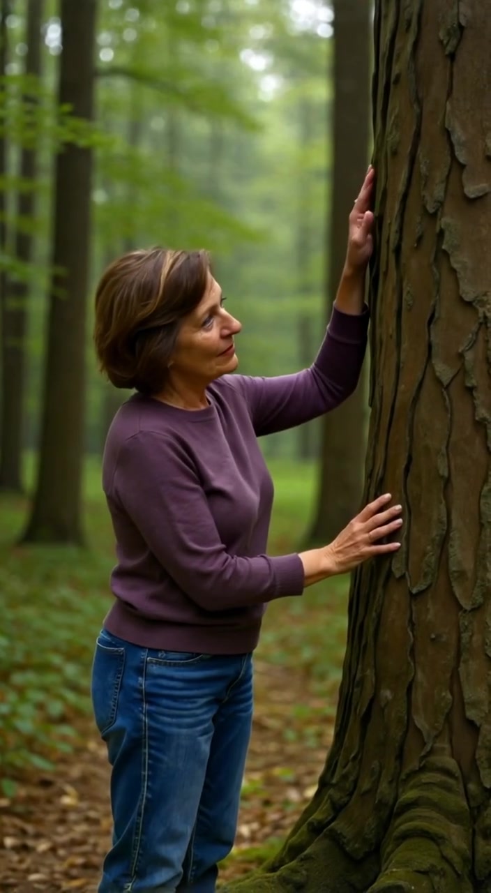 The woman gently touches the ancient tree's bark, feeling the texture with curiosity.