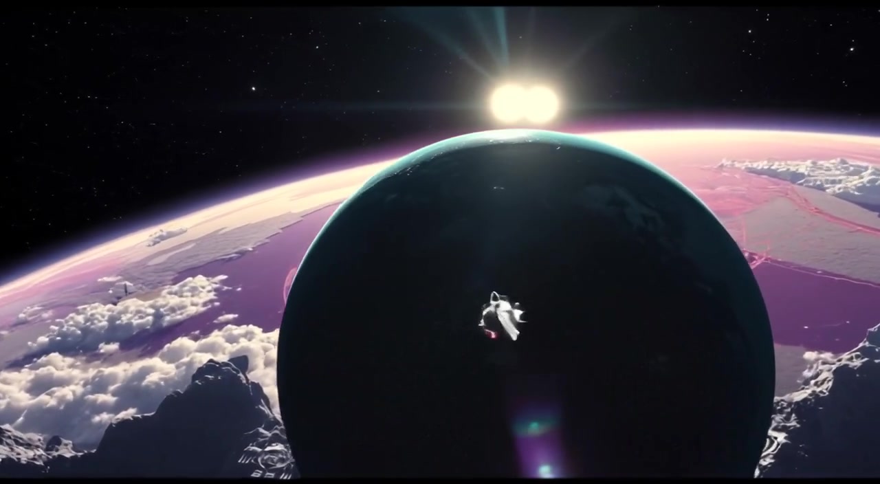 A planet slowly rotates, shimmering under distant stars, as it gracefully approaches the viewer in the vastness of space.